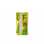 Green packet with a white straw on a white background