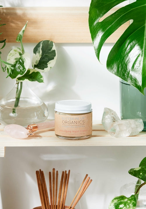 Jar of 'The Organics' cream on a shelf with plants and crystals
