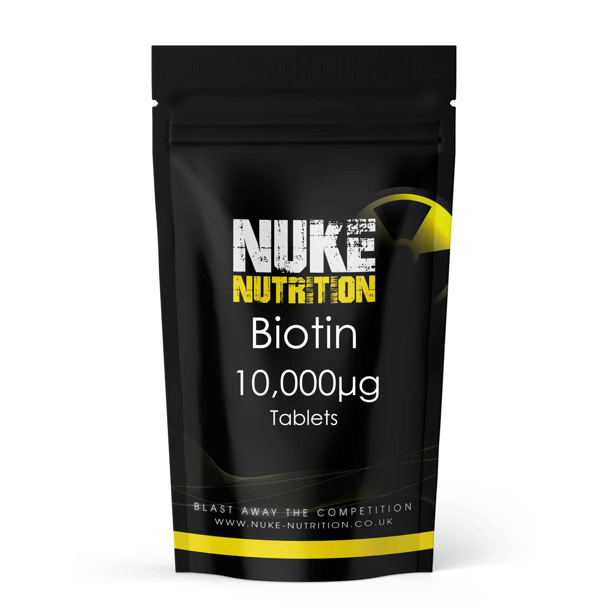 Black packaging of Nuke Nutrition Biotin tablets on a white background