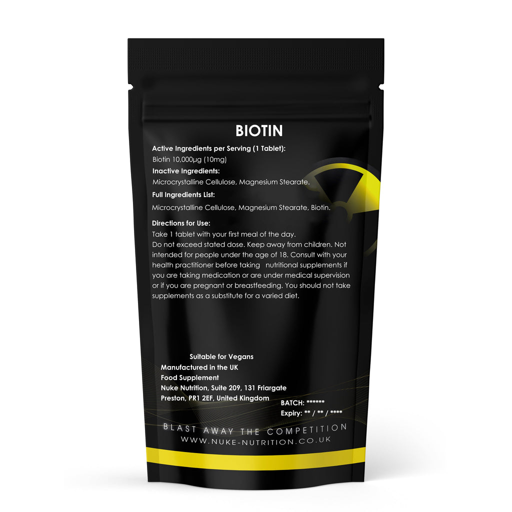 Nuke Nutrition Biotin supplement packaging with black and yellow design on a white background
