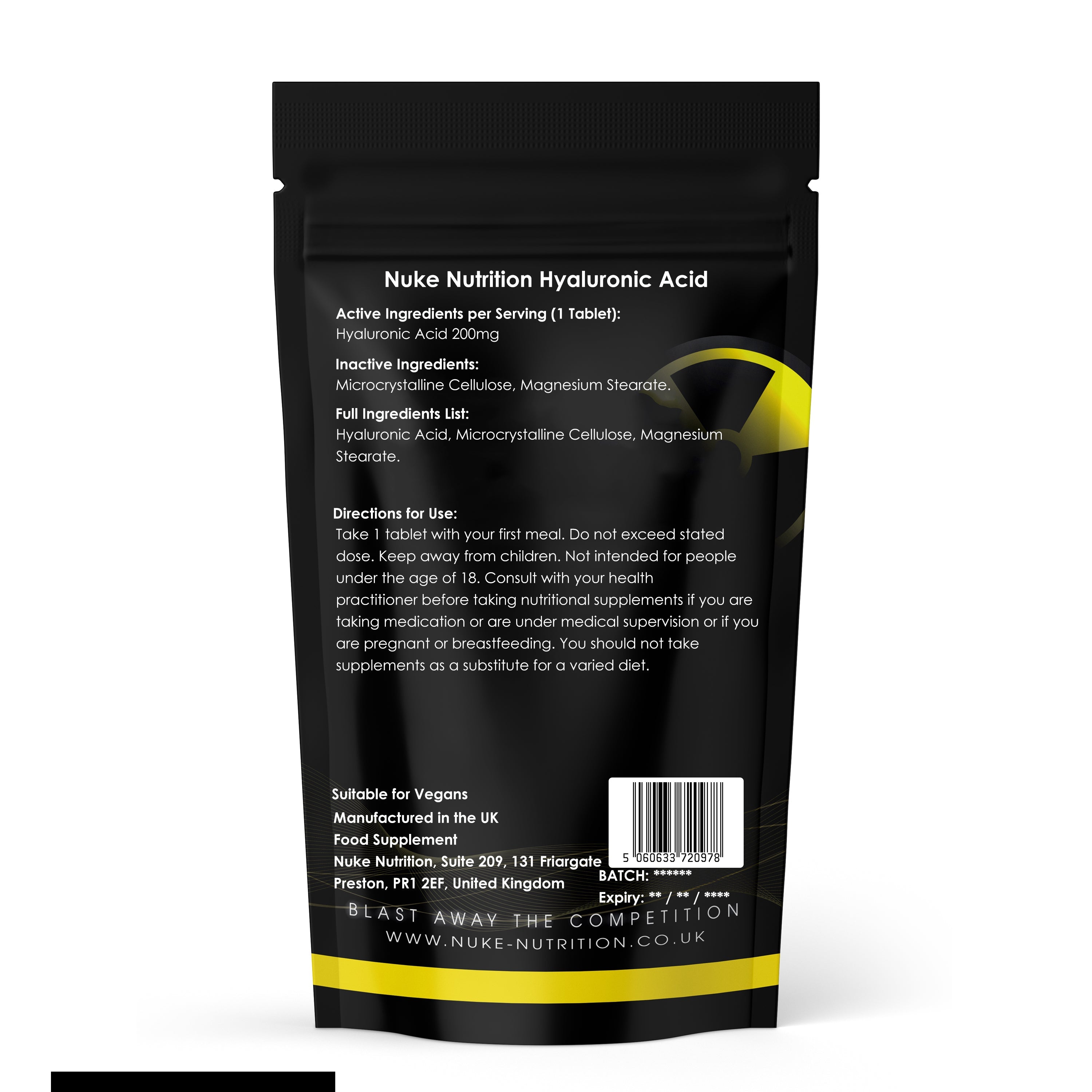 Nuke Nutrition Hyaluronic Acid supplement package with black and yellow design on a white background