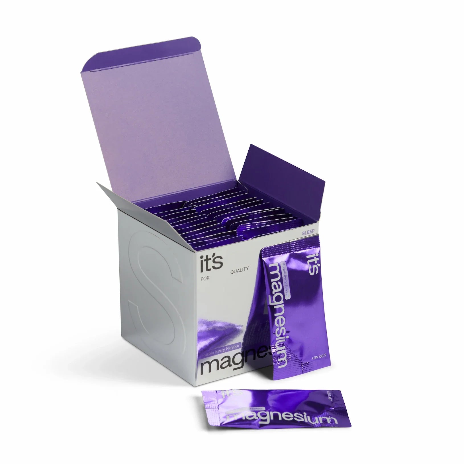 Box of magnesium supplement packets with a purple and white design.