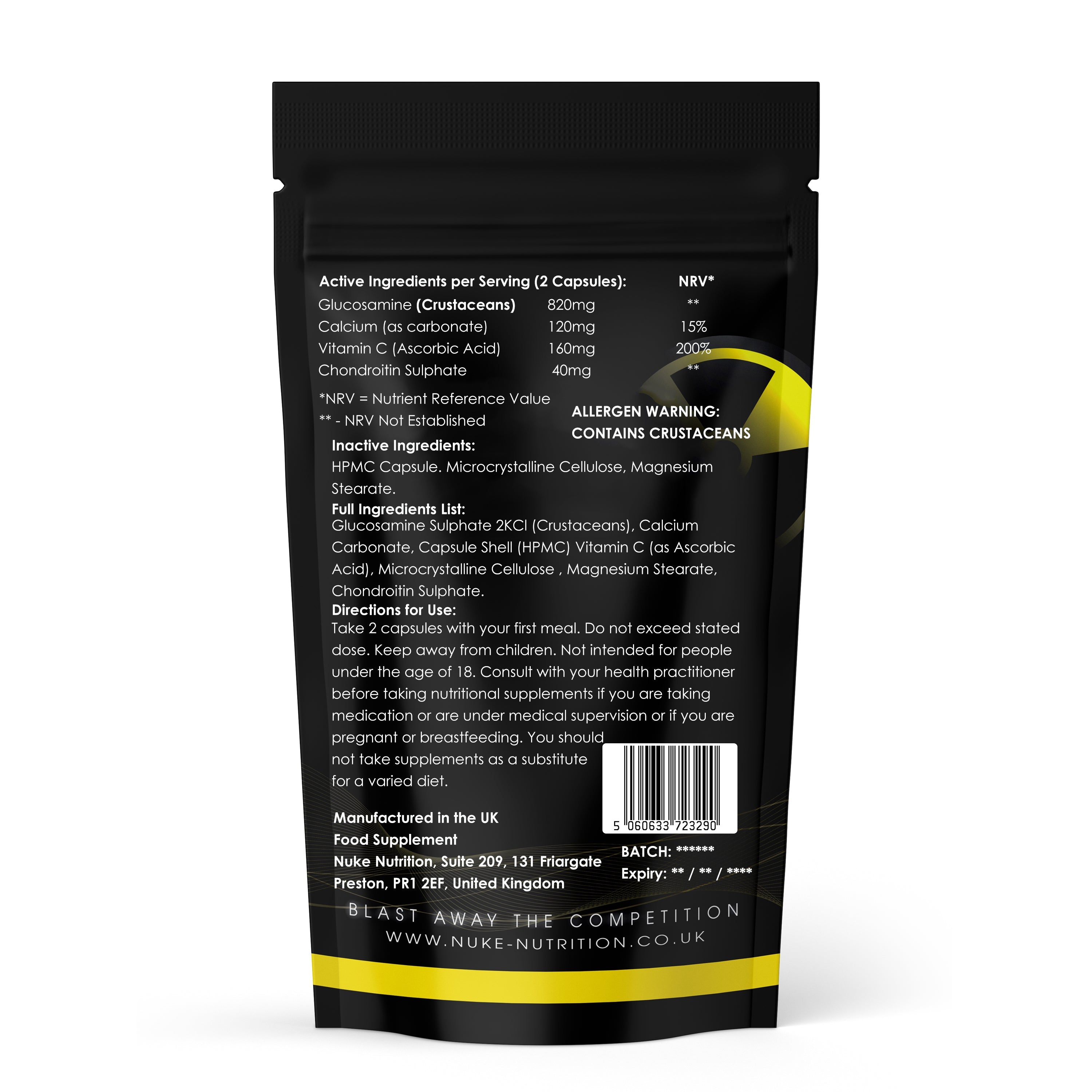Back view of a supplement package with text and nutritional information on a white background
