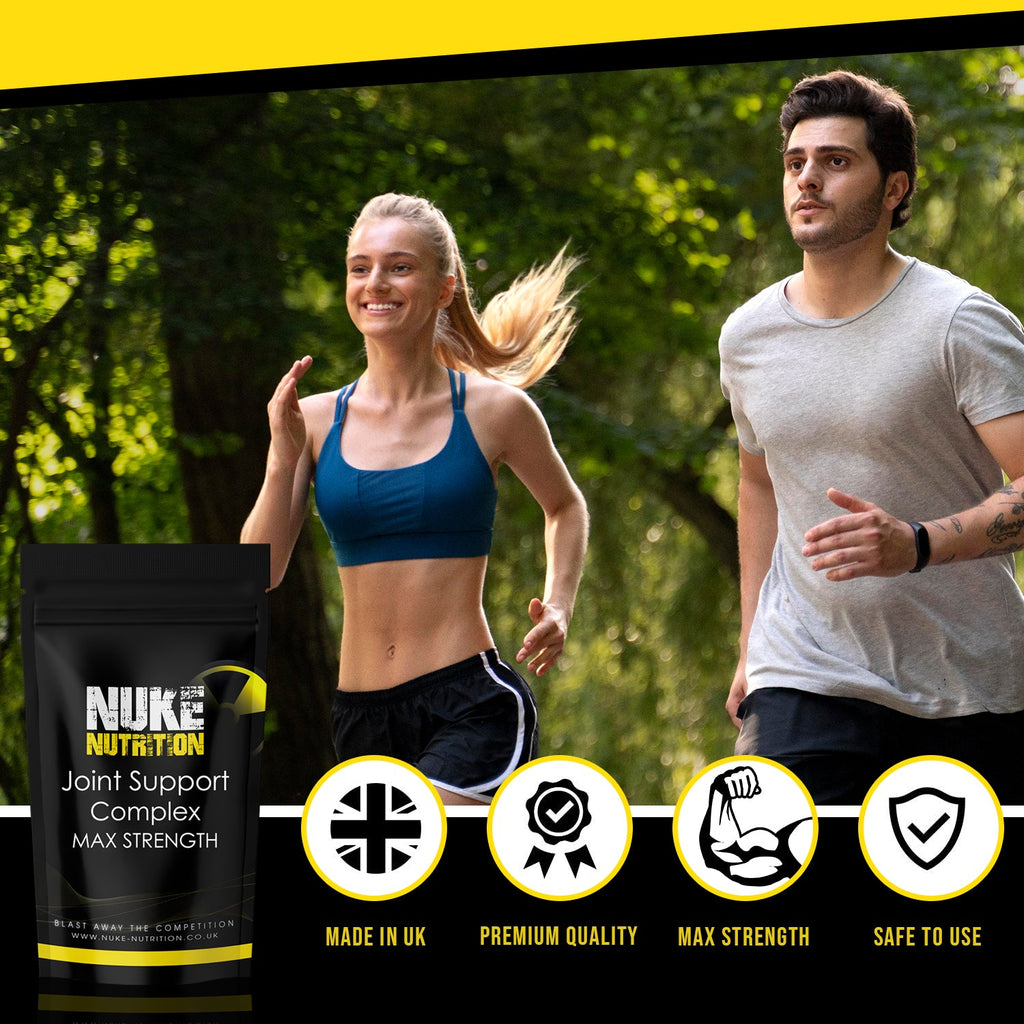 Two people running outdoors with a Nuke Nutrition supplement package in the foreground.