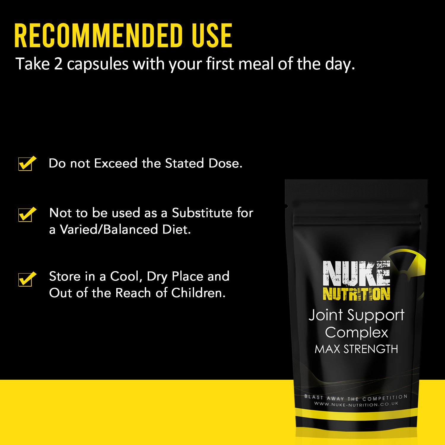 Nuke Nutrition Joint Support Complex packaging with usage instructions on a black and yellow background
