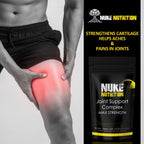 Person holding knee with red highlight, Nuke Nutrition Joint Support Complex packaging on gray background