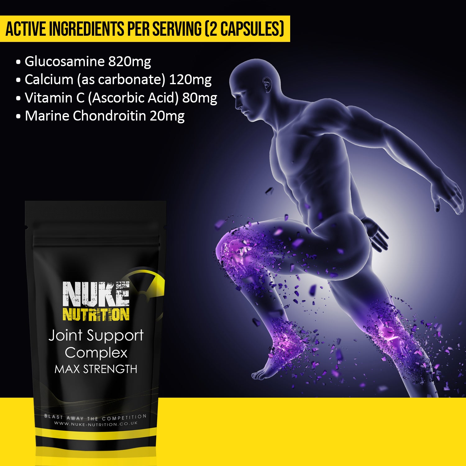 NUKE Nutrition Joint Support Complex packaging with a silhouette of a running person and ingredient list on a black and yellow background.