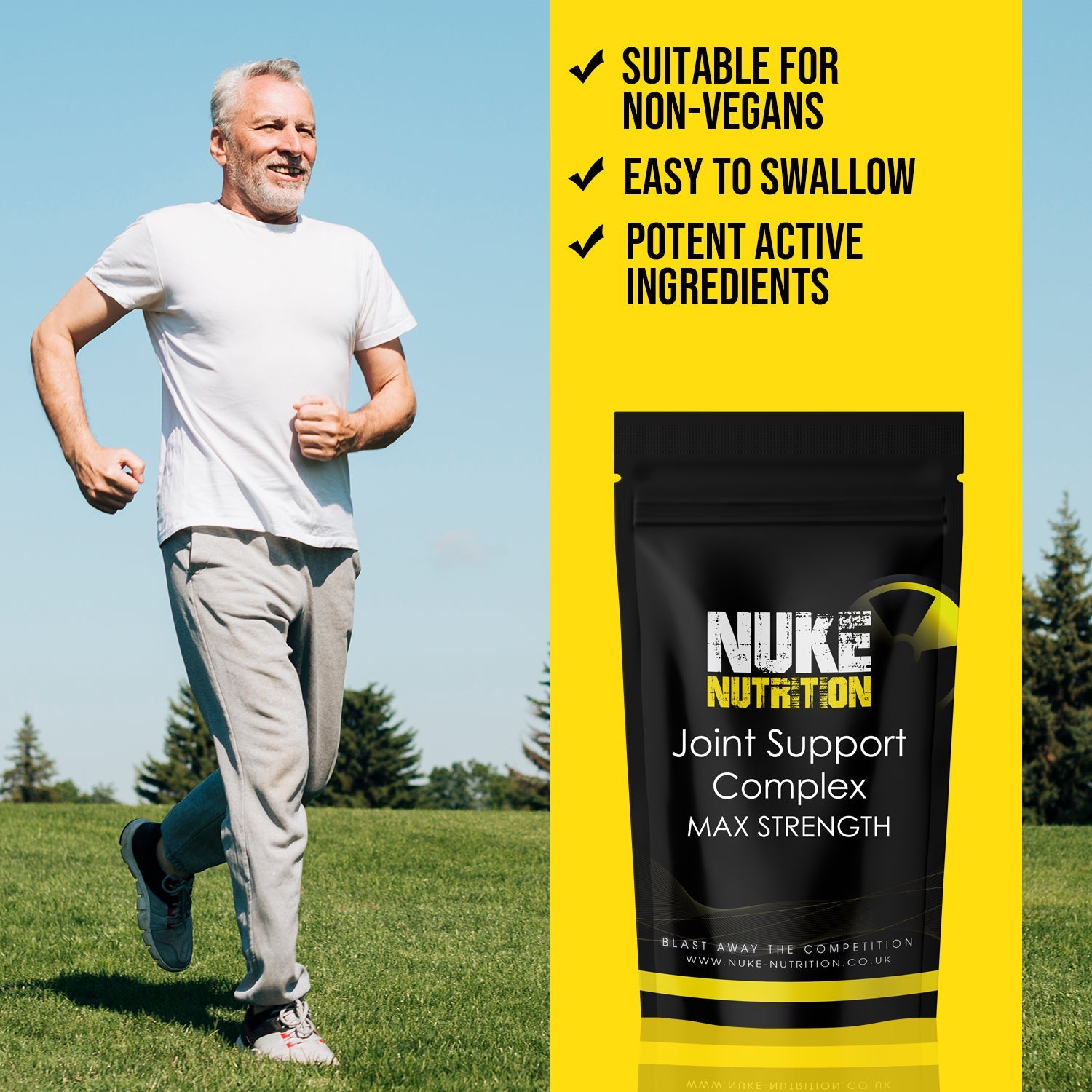 Man running outdoors with Nuke Nutrition supplement packaging on a yellow background