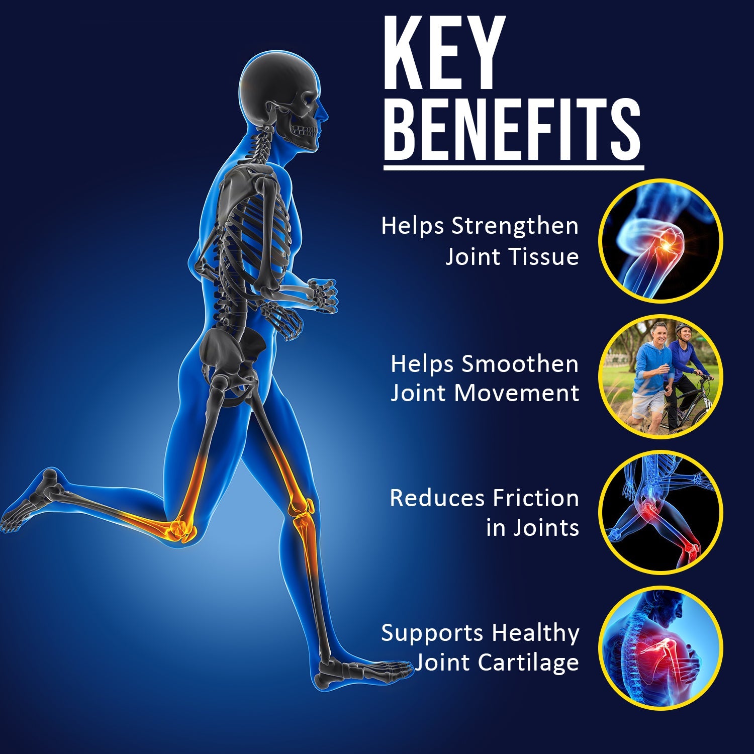 Animated skeleton with key benefits text on a blue background