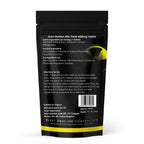 Back view of a supplement package with text and branding on a white background