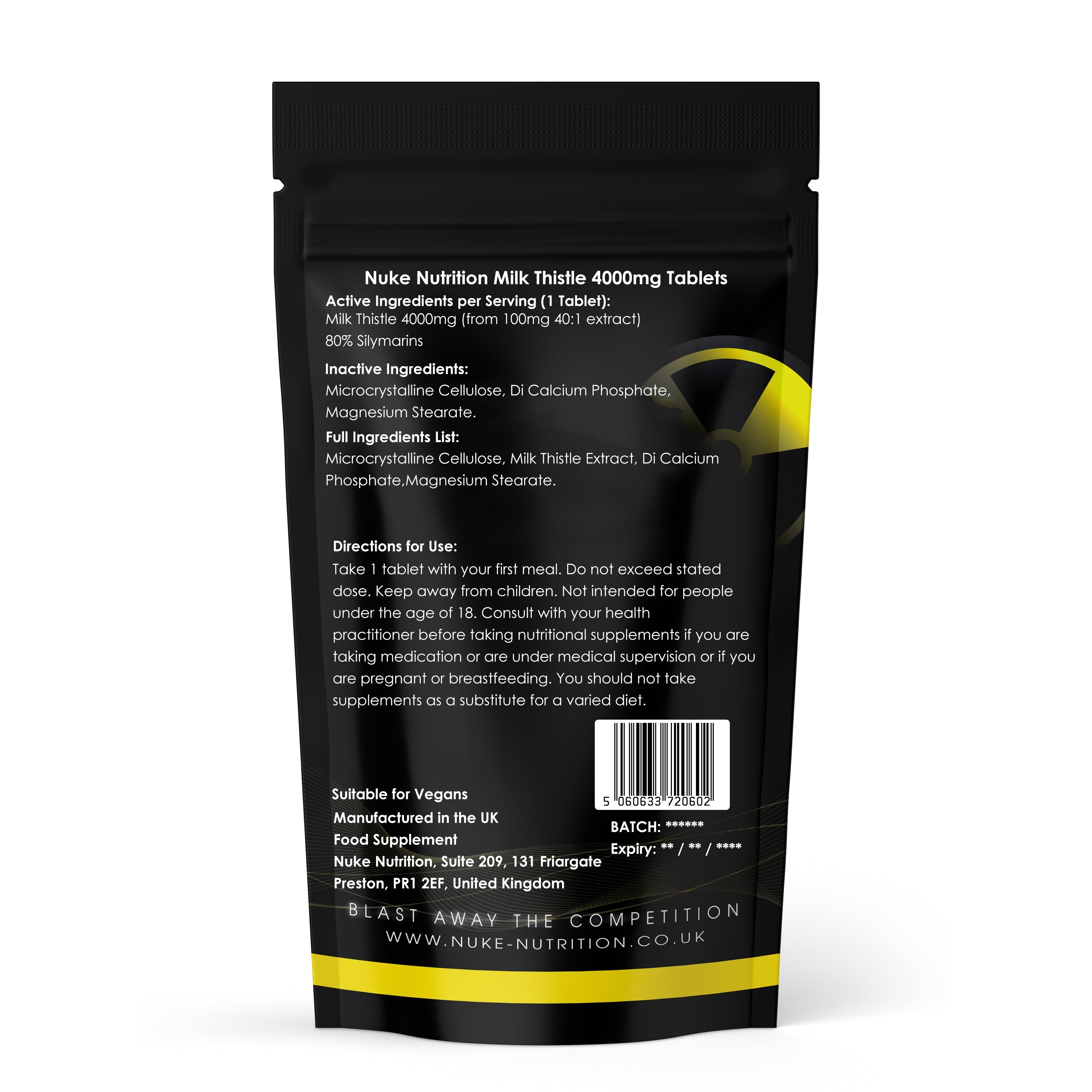 Back view of a supplement package with text and branding on a white background