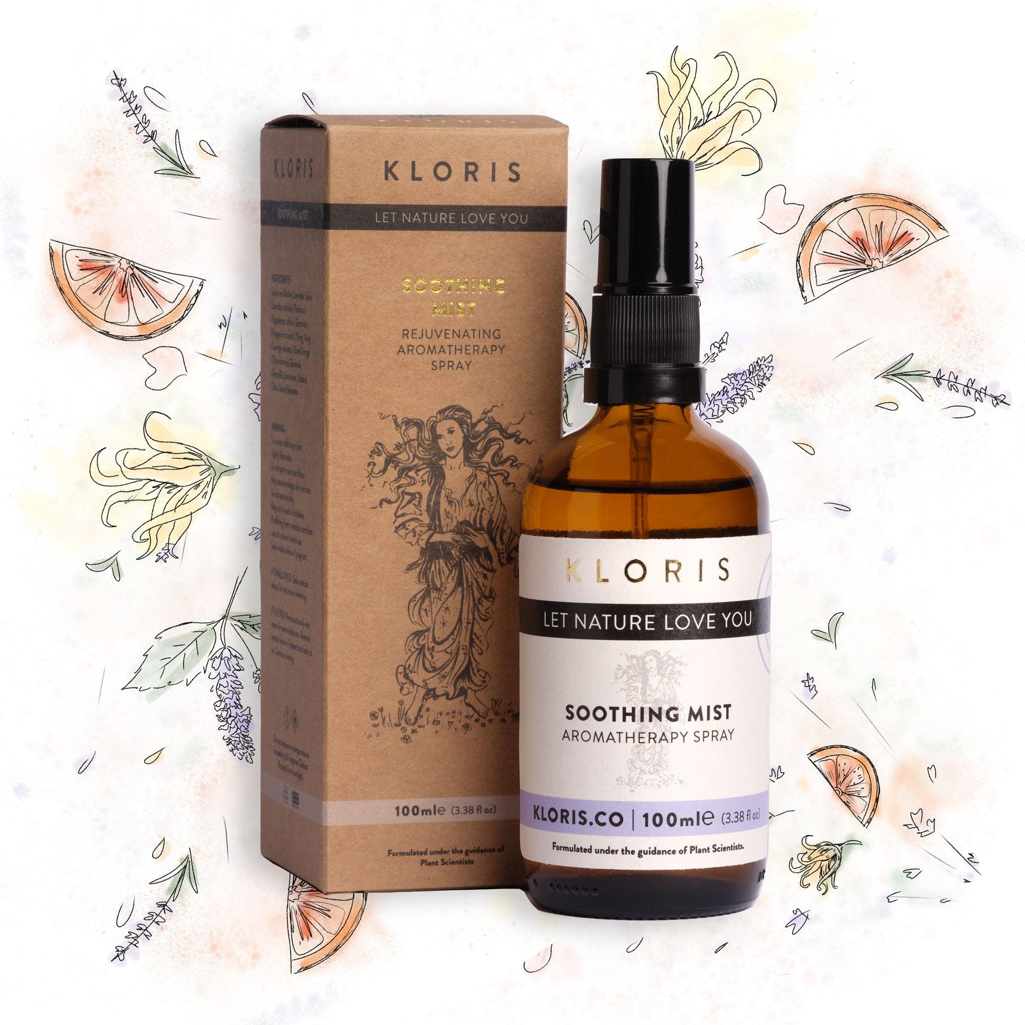 Kloris soothing mist aromatherapy spray bottle and packaging on a decorative background