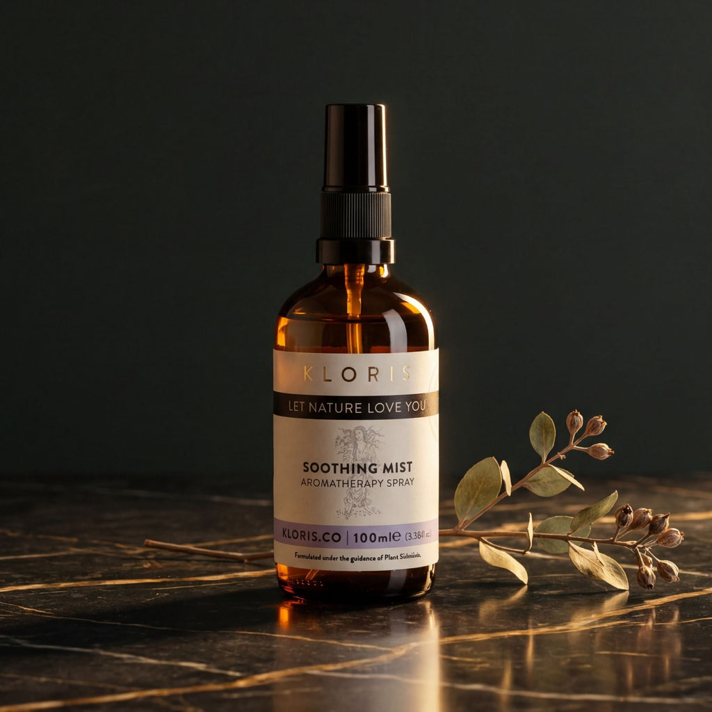 Bottle of KLORIS Soothing Mist on a dark surface with leaves.
