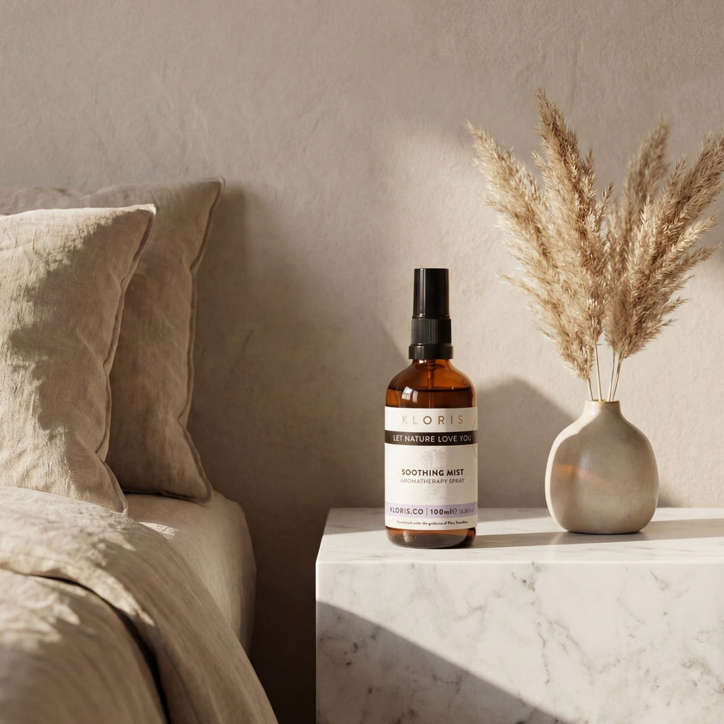 Brown bottle with label on marble surface next to bed and vase with dried plants