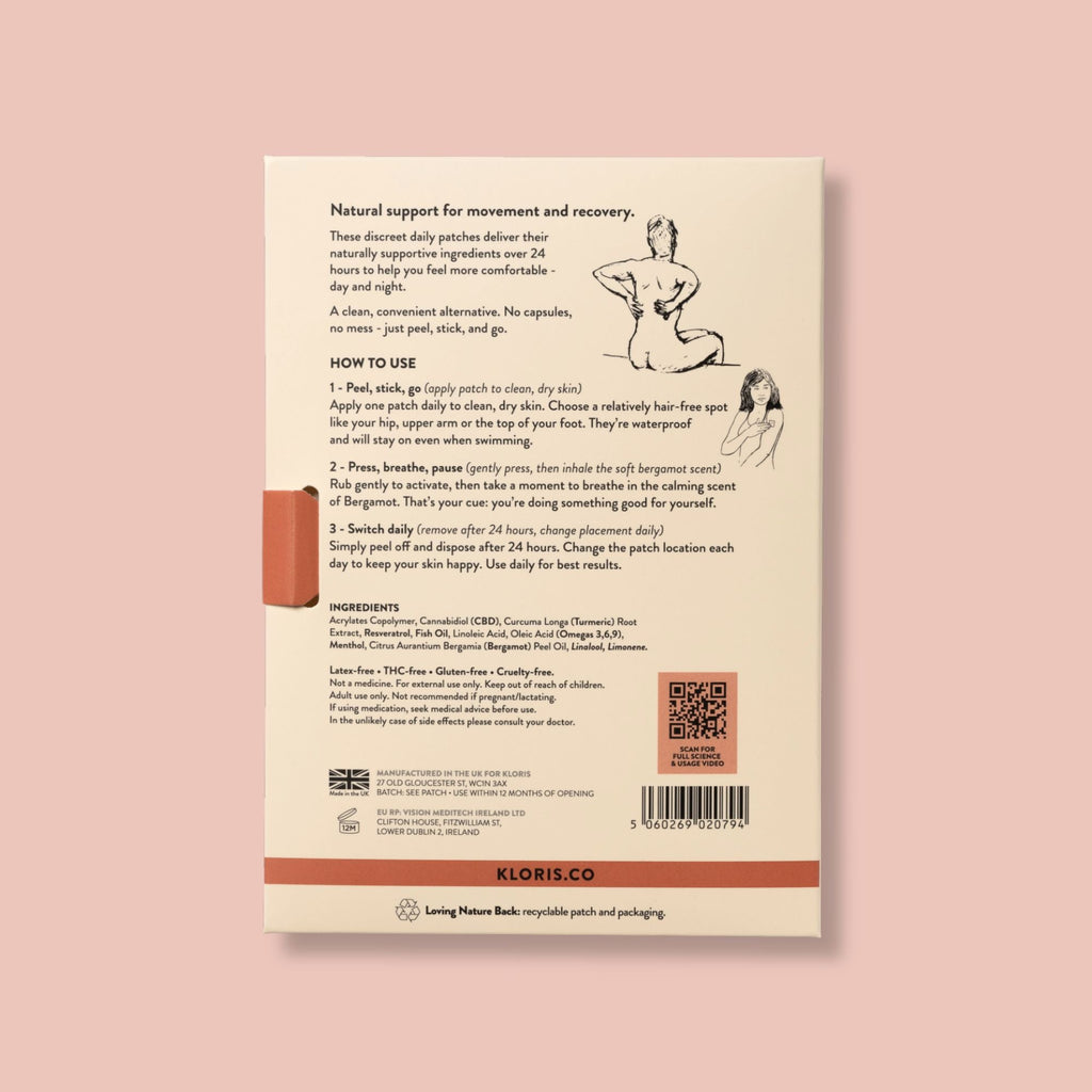 Back of a product packaging with text and illustrations on a pink background