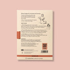 Back of a product packaging with text and illustrations on a pink background