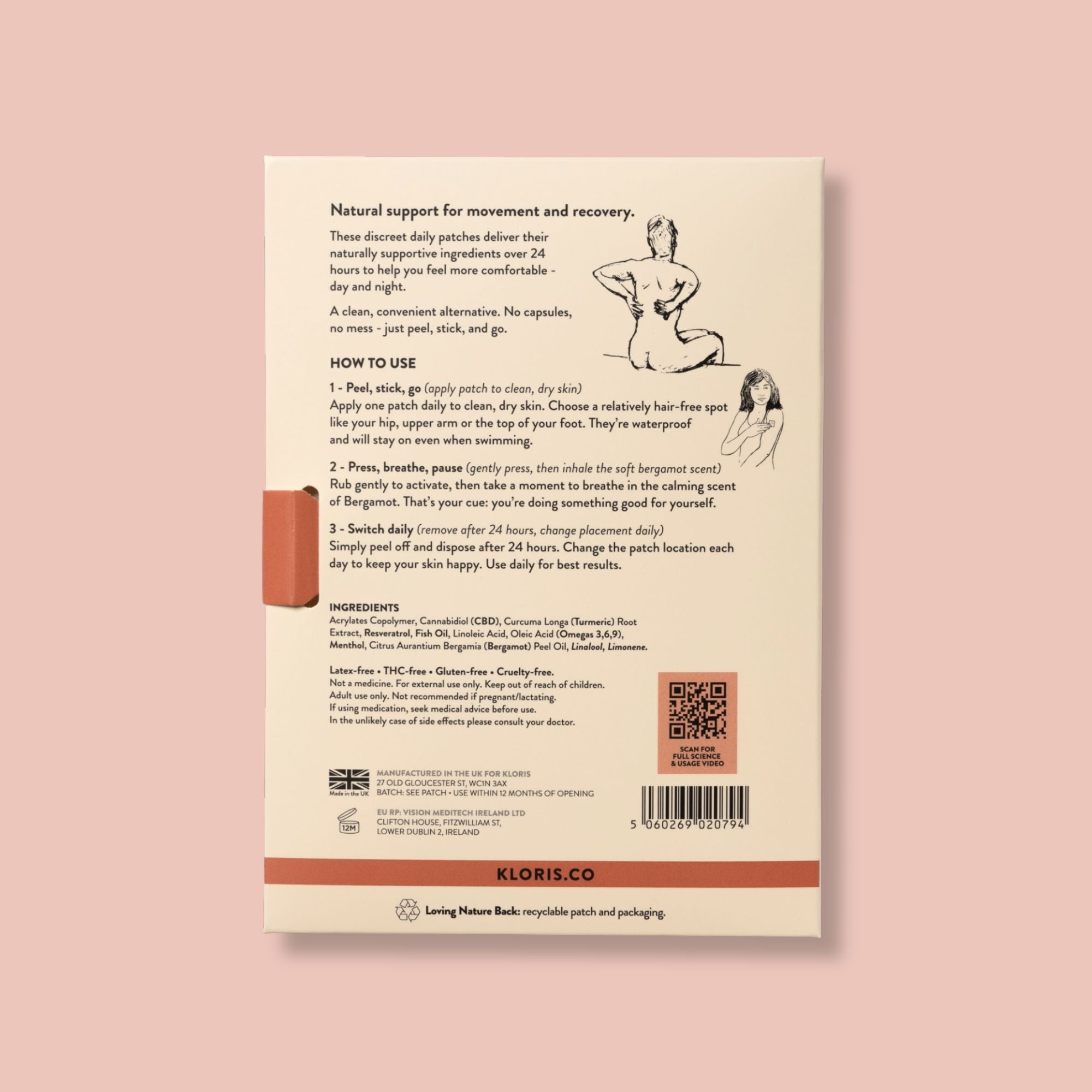 Back of a product packaging with text and illustrations on a pink background