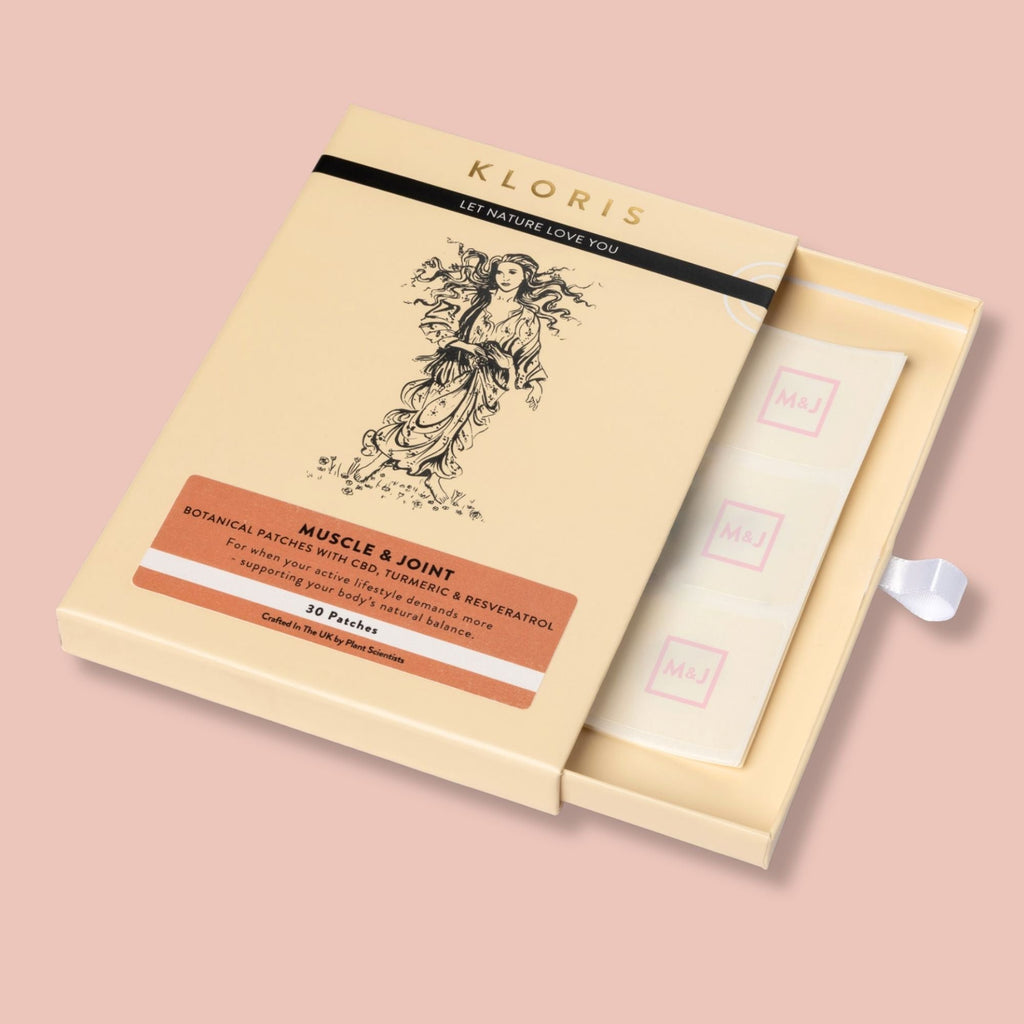 Kloris muscle and joint patches in a box on a pink background