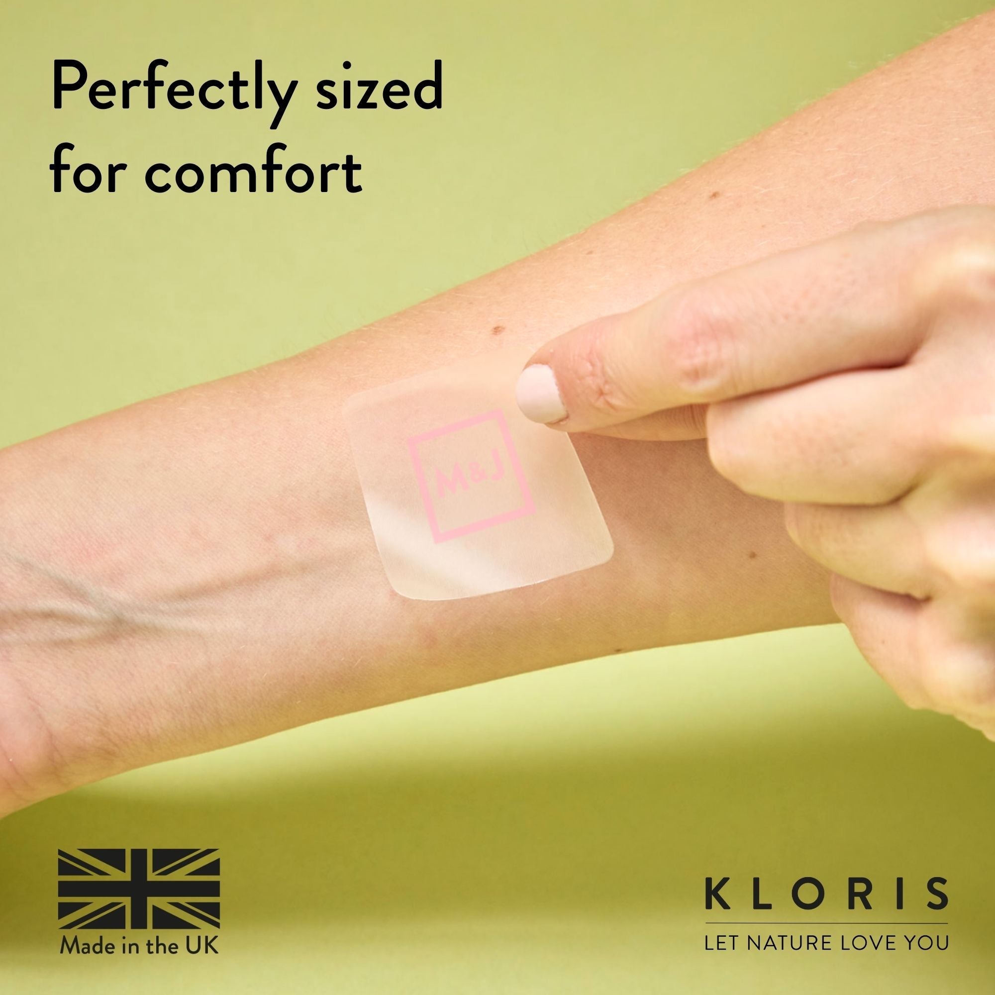 Person applying a KLORIS patch on their arm with text 'Perfectly sized for comfort' and brand logo.