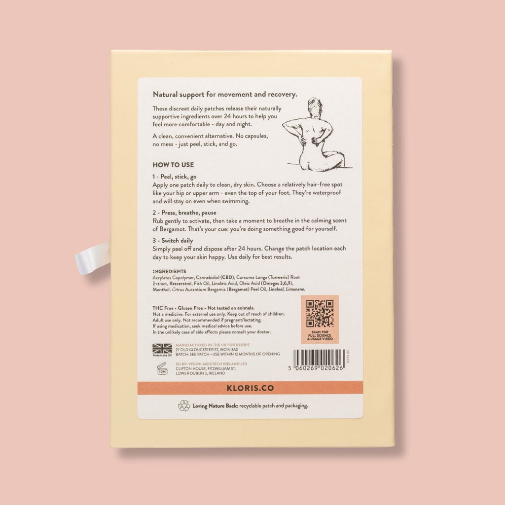 Back of a Kloris Co product packaging with text and QR code on a pink background