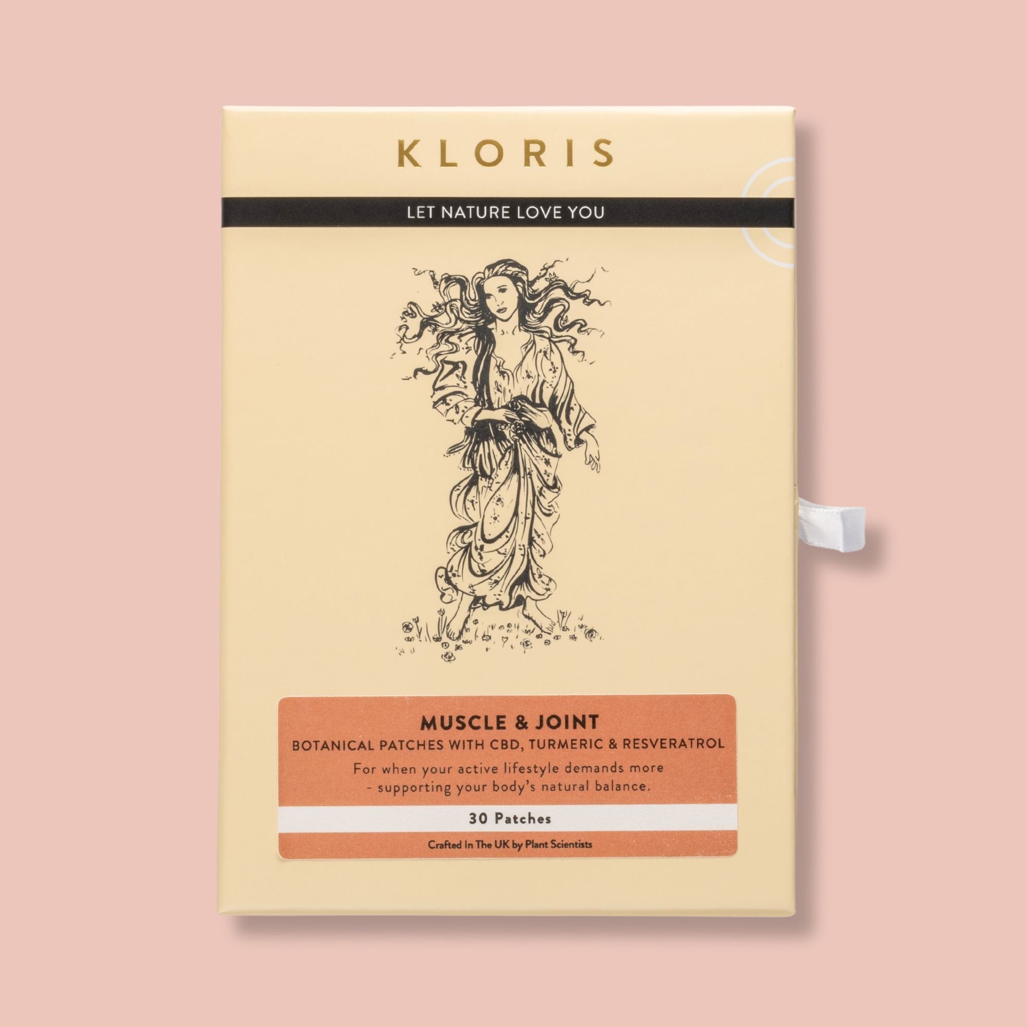 Kloris muscle and joint patch packaging on a pink background