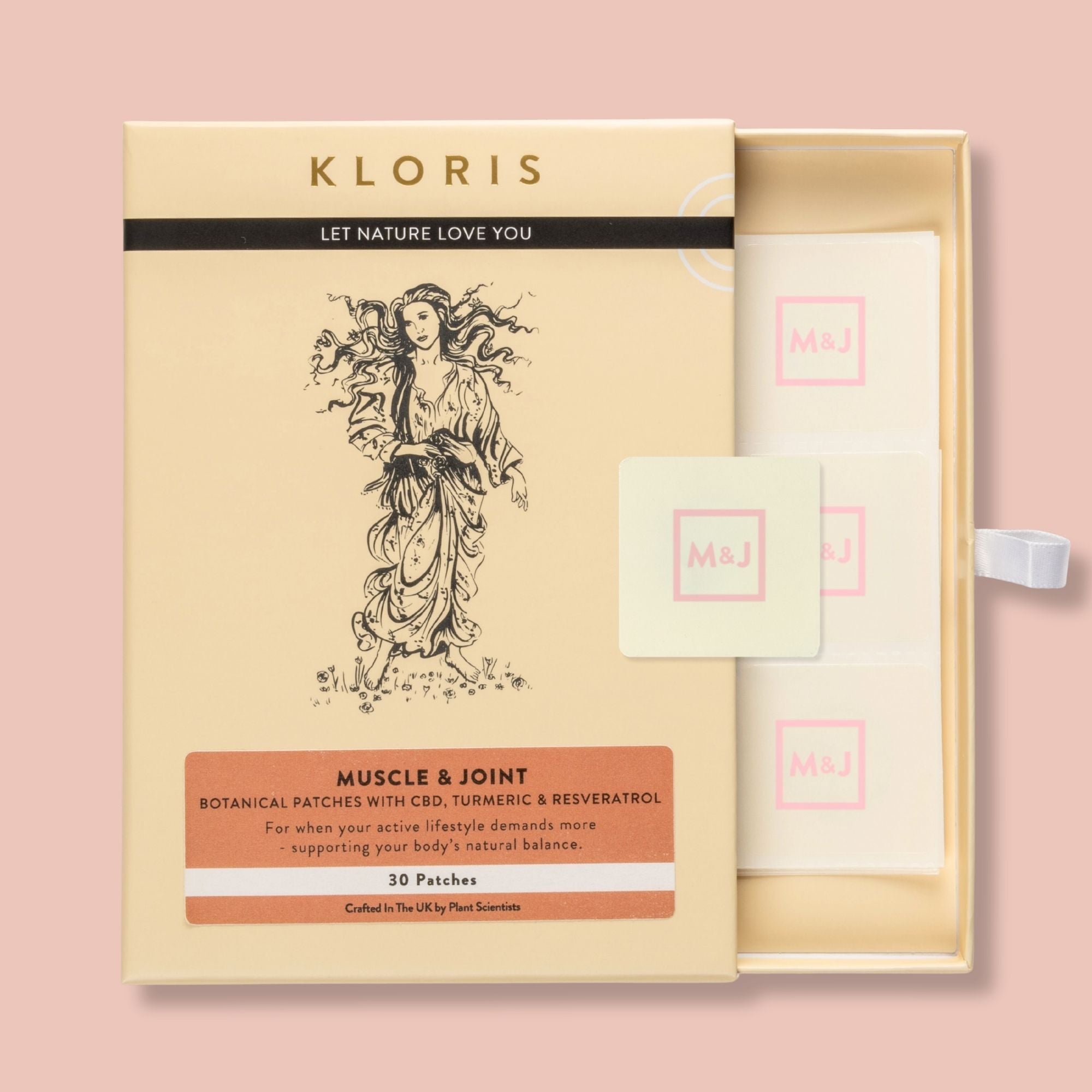 Kloris muscle and joint patch packaging on a pink background