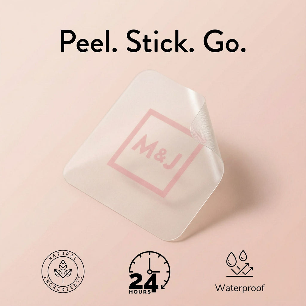 Product packaging with 'M&J' branding on a pink background, featuring text 'Peel. Stick.