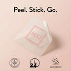 Product packaging with 'M&J' branding on a pink background, featuring text 'Peel. Stick.