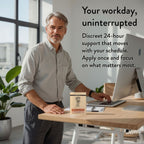 Man at a desk with a computer, with text about 24-hour support.