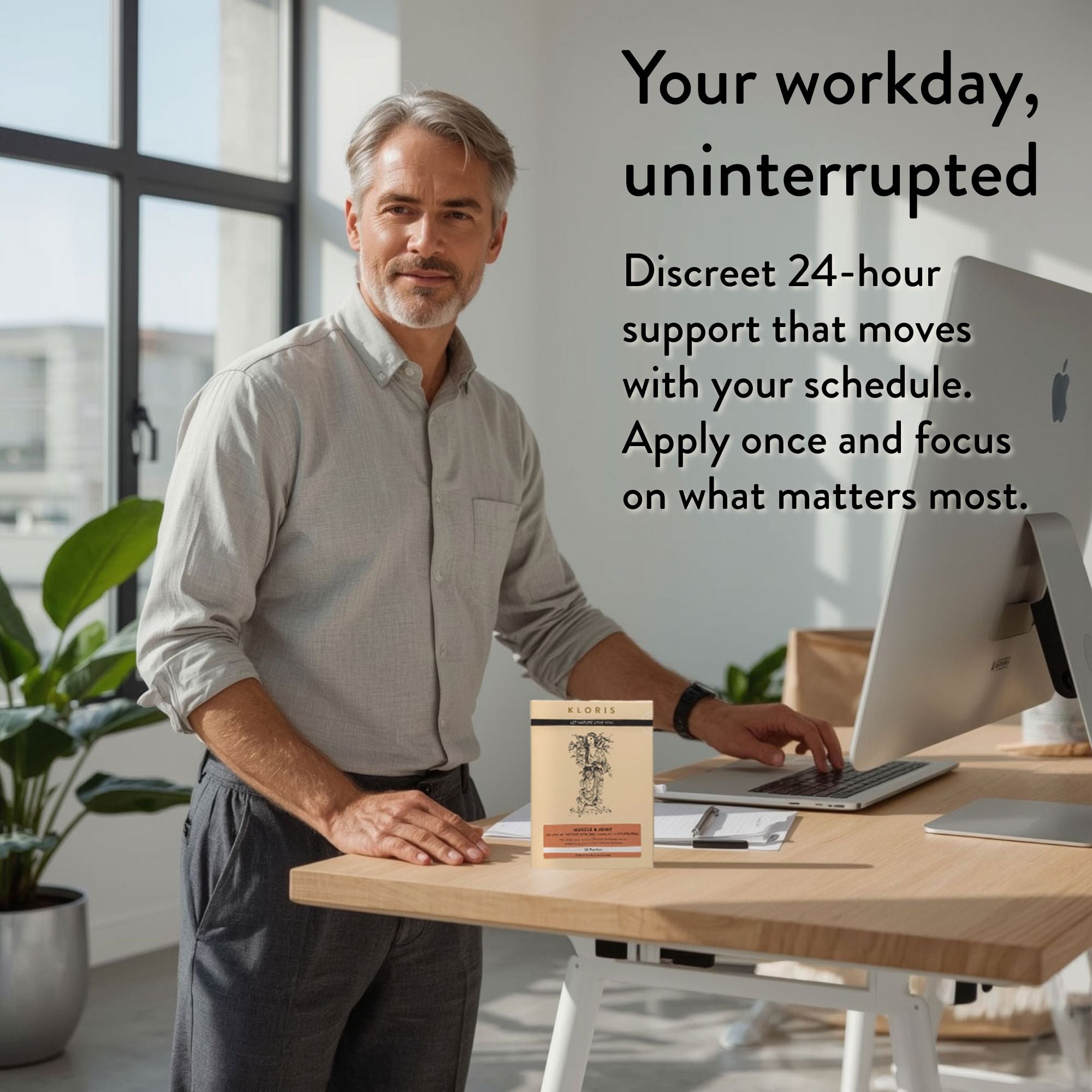 Man at a desk with a computer, with text about 24-hour support.