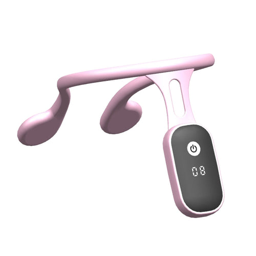 Pink and gray electronic device with a digital display on a white background