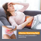 Woman using a uterine warming belt with an inset showing discomfort on a grey couch.