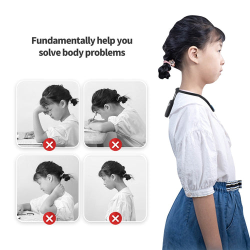 Girl with poor posture shown in various incorrect positions, with a correct posture on the right.