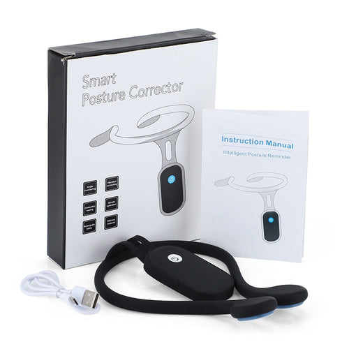 Smart posture corrector with packaging, manual, and USB cable on a white background