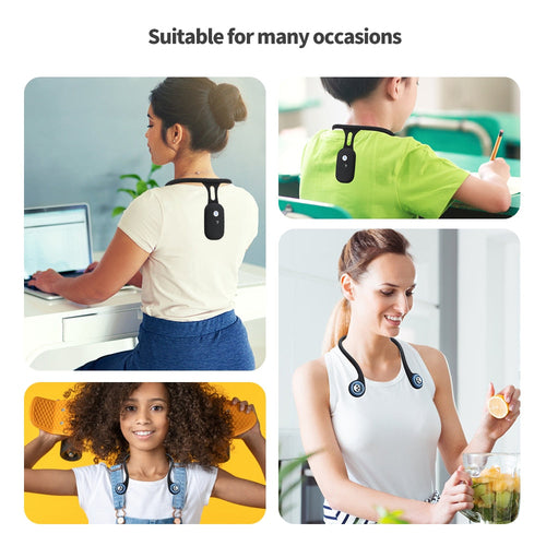Collage of people wearing a black device on their back with text 'Suitable for many occasions'.