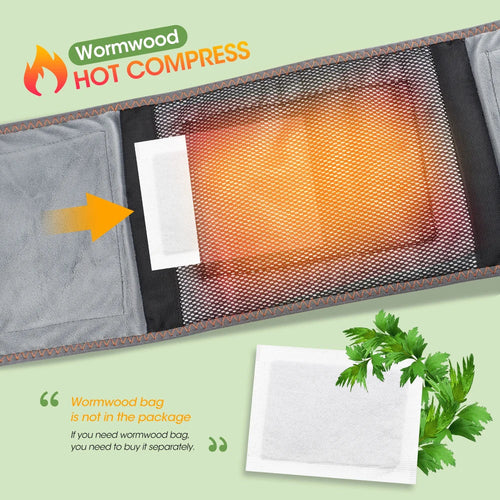 Wormwood hot compress with heating element and packaging on a light green background