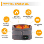 Gray massage belt with red light hot compress feature and icons indicating benefits on a white background.