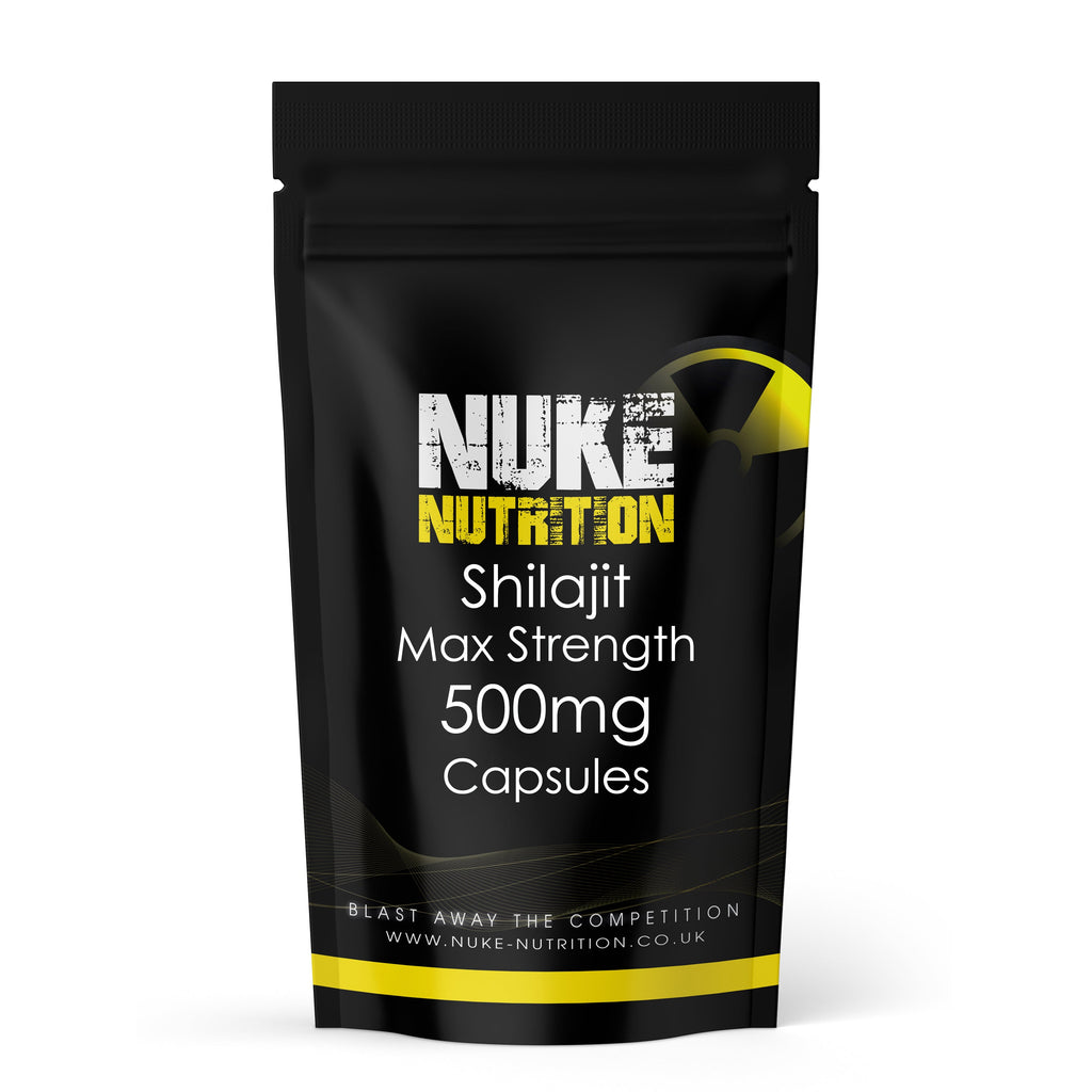 Nuke Nutrition Shilajit Max Strength 500mg capsules packaging on a white background