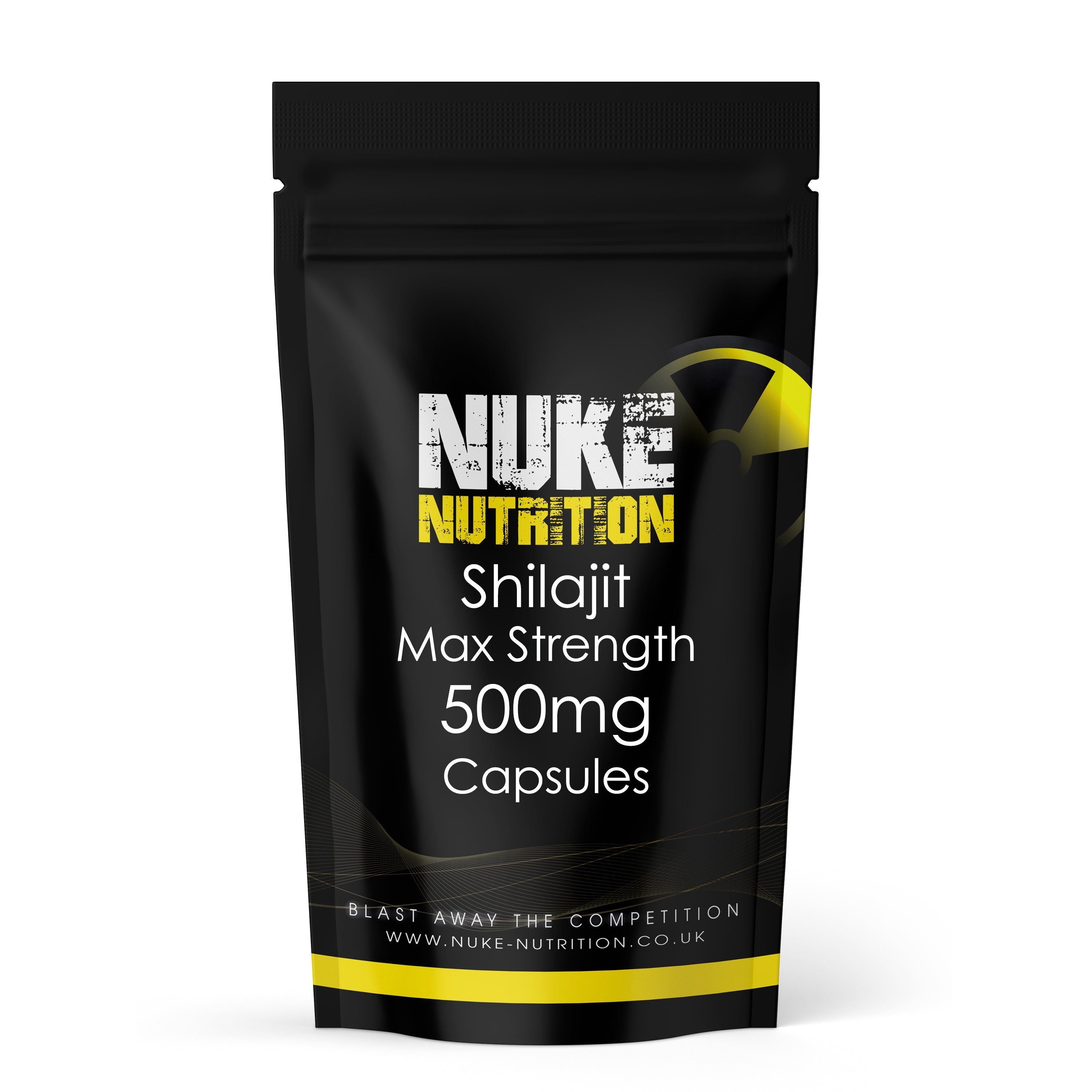 Nuke Nutrition Shilajit Max Strength 500mg capsules packaging on a white background