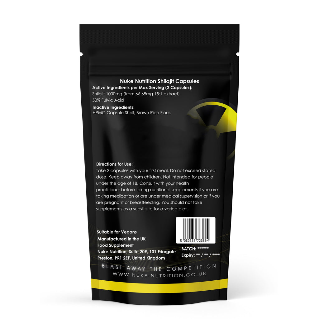 Black supplement package with white text and yellow accents on a white background