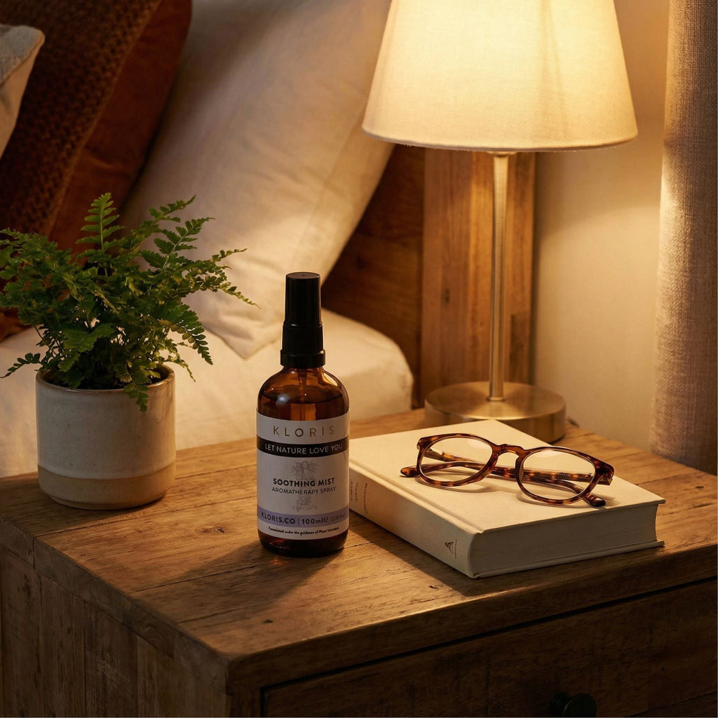 Bottle of Klorane on a wooden nightstand with a book and glasses, next to a lamp and plant.