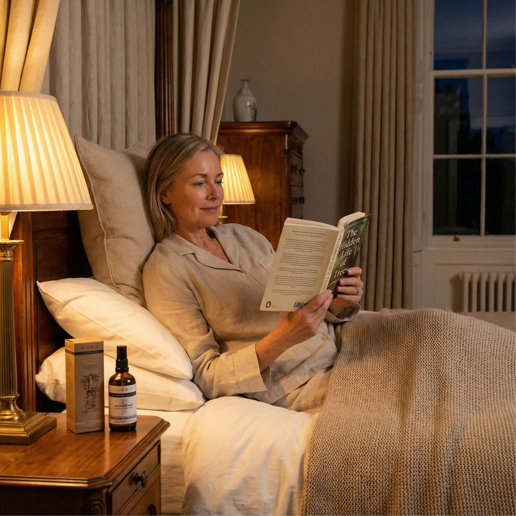 Woman reading a book in bed with warm lighting