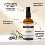 Kloris soothing mist bottle with lavender sprig on a light background