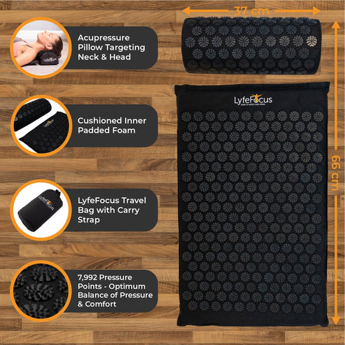 Black acupressure mat with features highlighted on a wooden surface