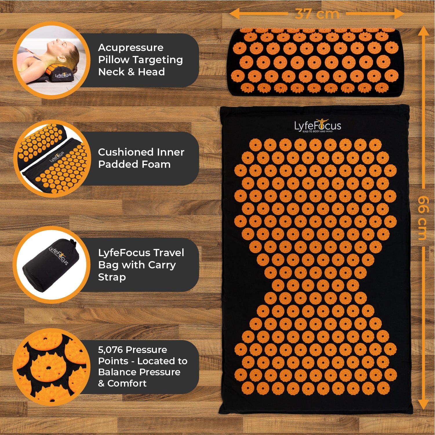 Acupressure pillow with orange nodes on a wooden surface, showing features and dimensions.