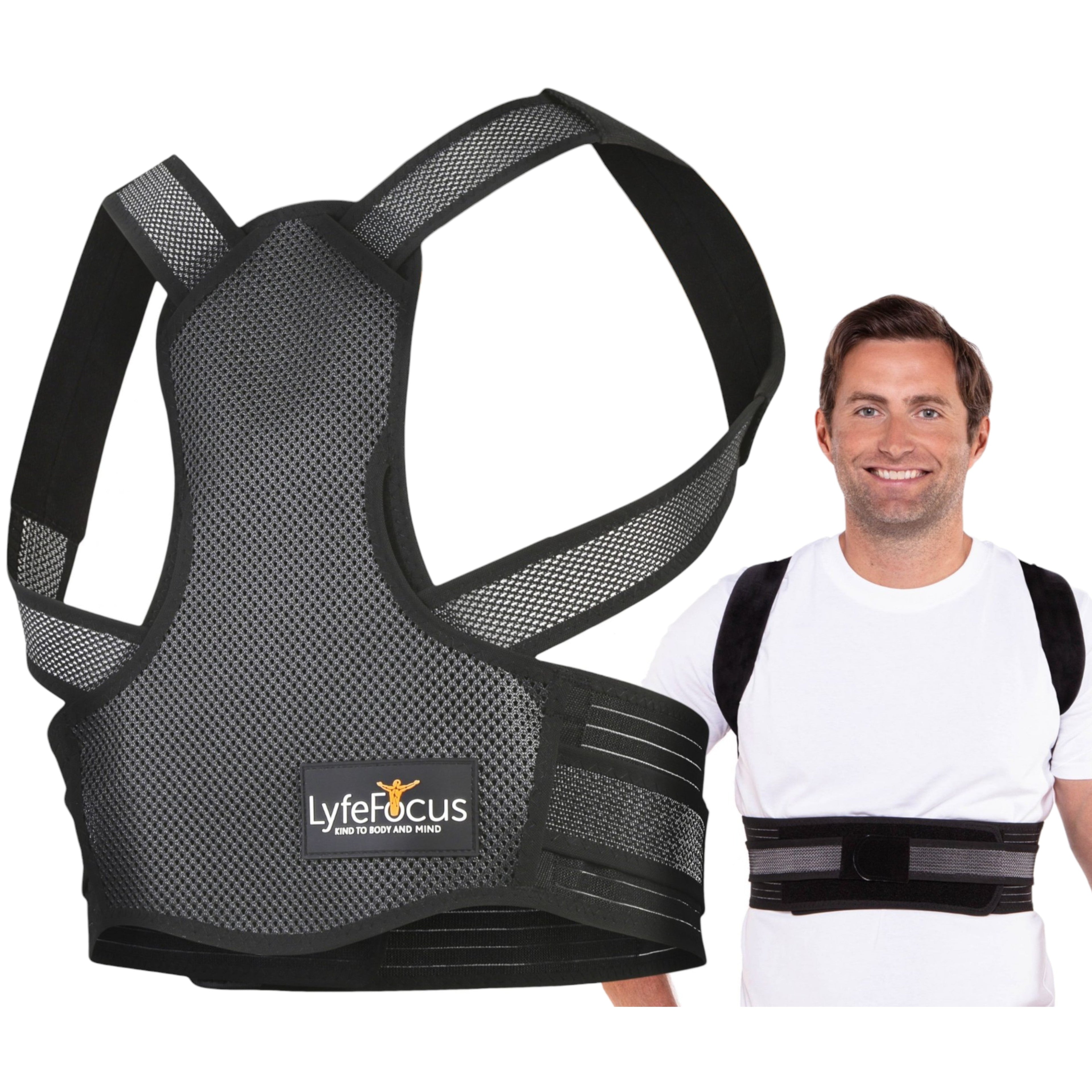 Black posture corrector with LyfeFocus logo on a white background, worn by a person.