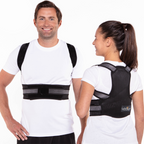 Two people wearing black posture correctors on a white background