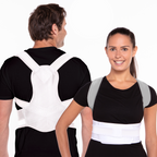 Two people wearing white posture correctors on a white background