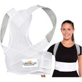 White back support brace with 'LyfeFocus' branding, worn by a woman on a white background.