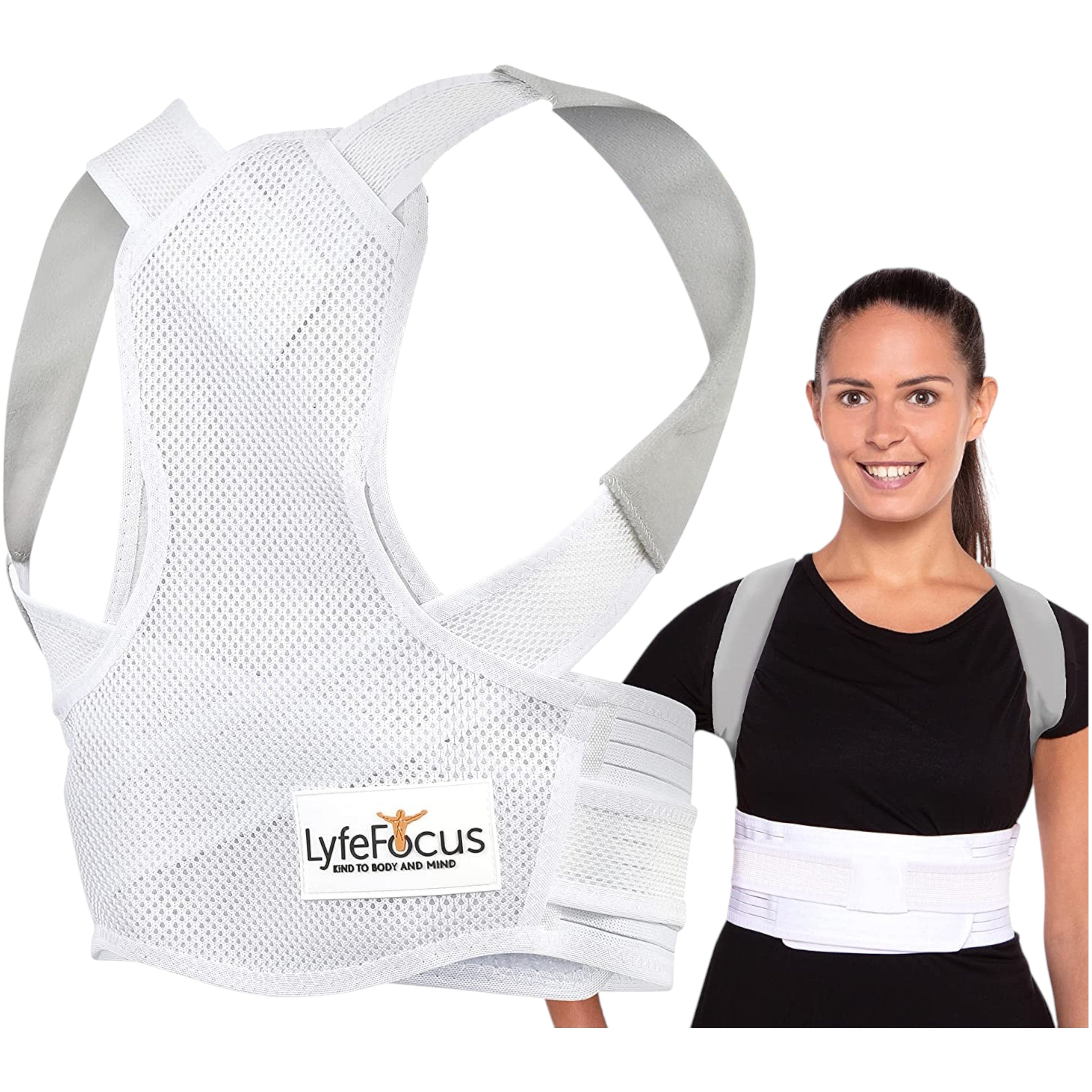 White back support brace with 'LyfeFocus' branding, worn by a woman on a white background.